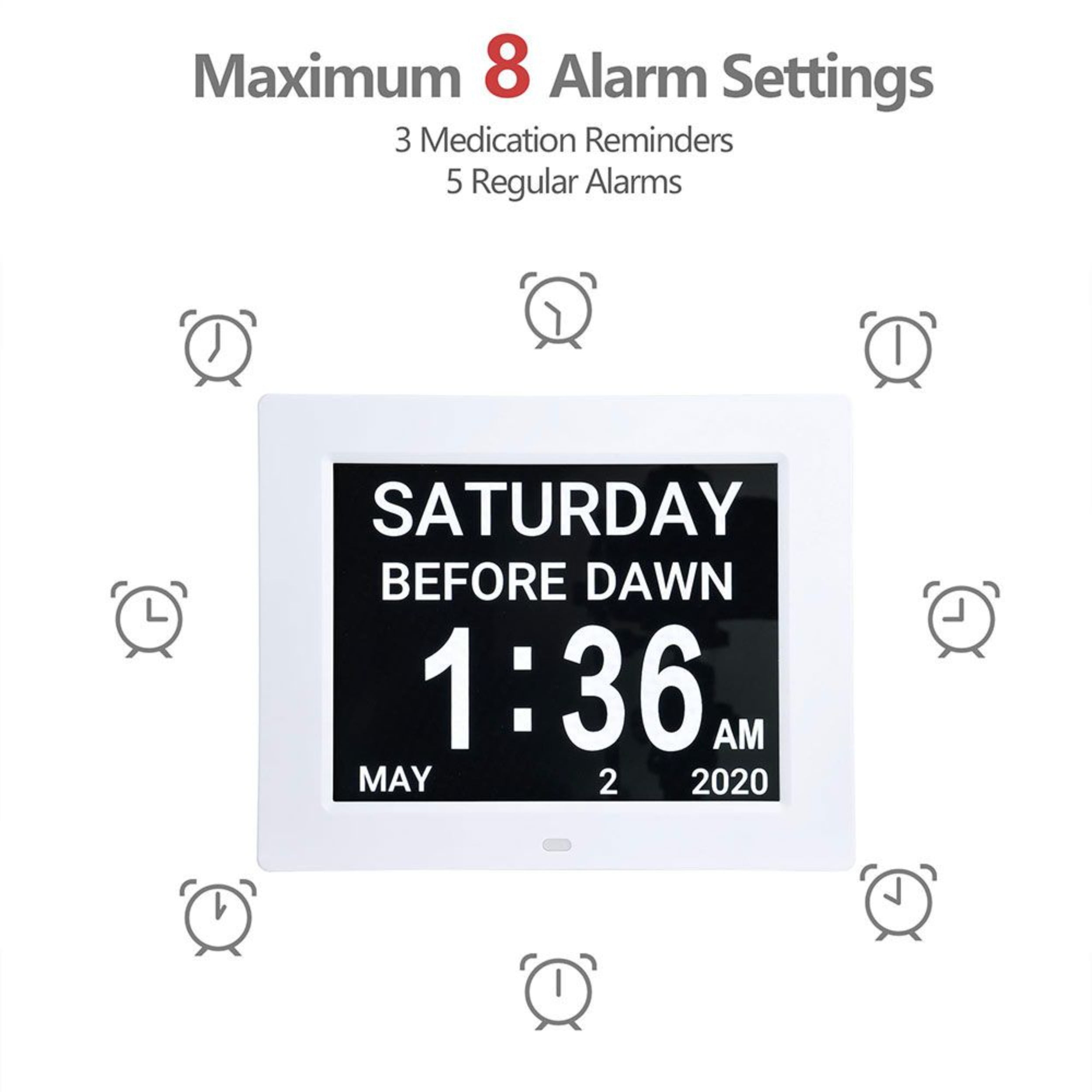 White Hanging Electronic Calendar, 8-inch LCD Digital Clock, Adjustable Brightness, Built-in Stand, Easy Installation, Suitable for Dormitories, Offices and Bedrooms.