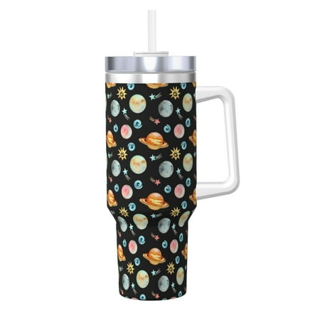 

Susaid Watercolor Space Planets Print Indoor Outdoor Straw Lid 40oz Ice Bully With Handle Stainless Steel Cup for Home Office and Car