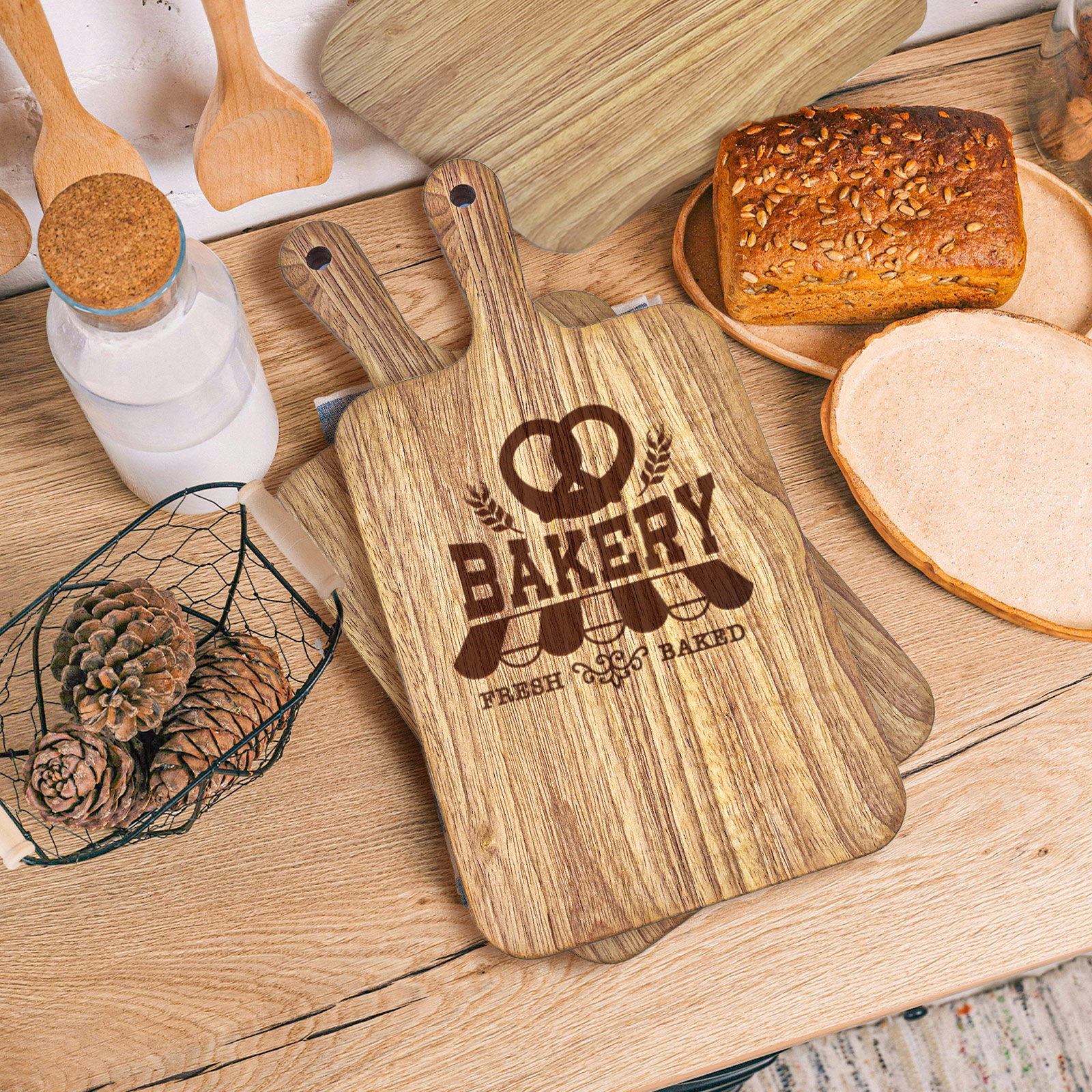 5 Pack Rubberwood Cutting Board Bulk Wooden Serving Tray Kitchen Chopping Boards with Handle for Laser Engraving Gift (13.8 x 7 Inch)