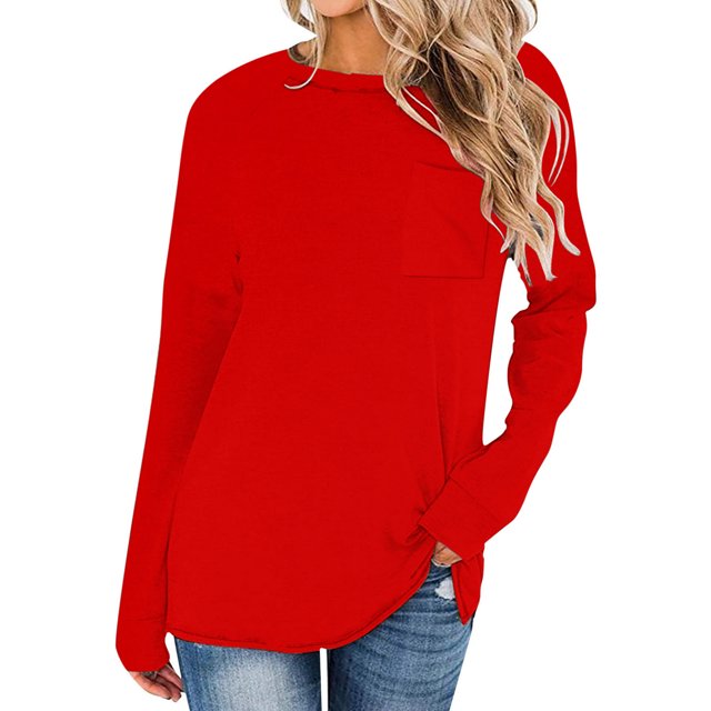 Hauts pour Femmes en Solde! Hauts à Manches Longues pour Femmes Automne 2025 Mode Décontractée Col Rond Chandail Chemise Ample Confortable Couleur Unie avec Poches Rouge L