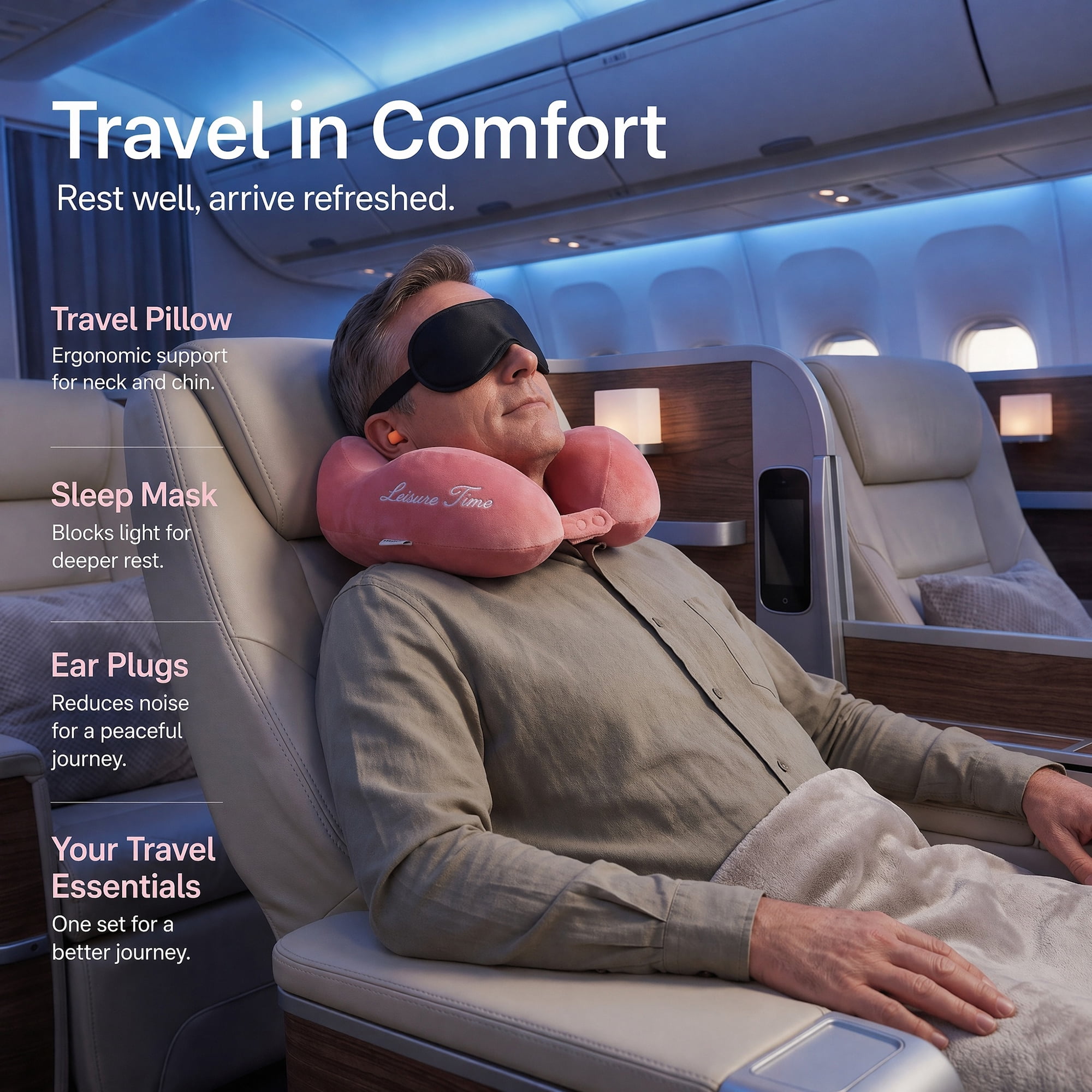 Unique Bargains PP Cotton U Shape Neck Pillow with Earplugs and Eye Mask Pink 11"x10"x4"