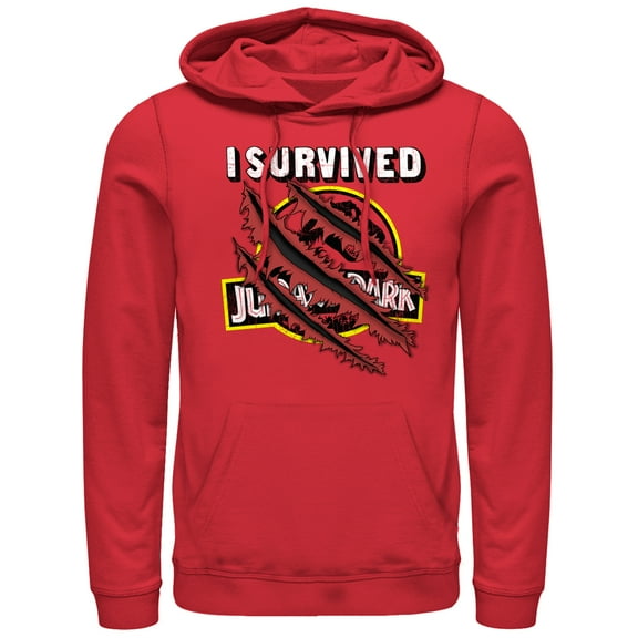Men's Jurassic Park I Survived Scratch  Pull Over Hoodie Red Medium
