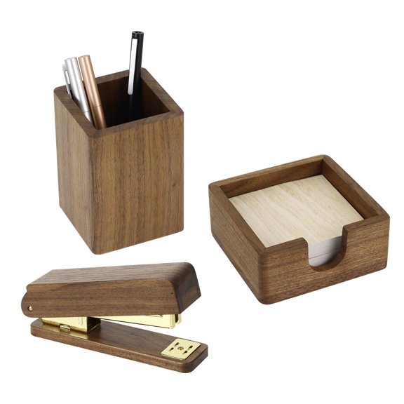 Multibey walnut wood desk organizer Set - 3-Piece Home Office Storage with Pen Holder, Note Clip & Stapler Portable Wooden Office Supplies Set for Students Eco-Friendly Desk Accessories