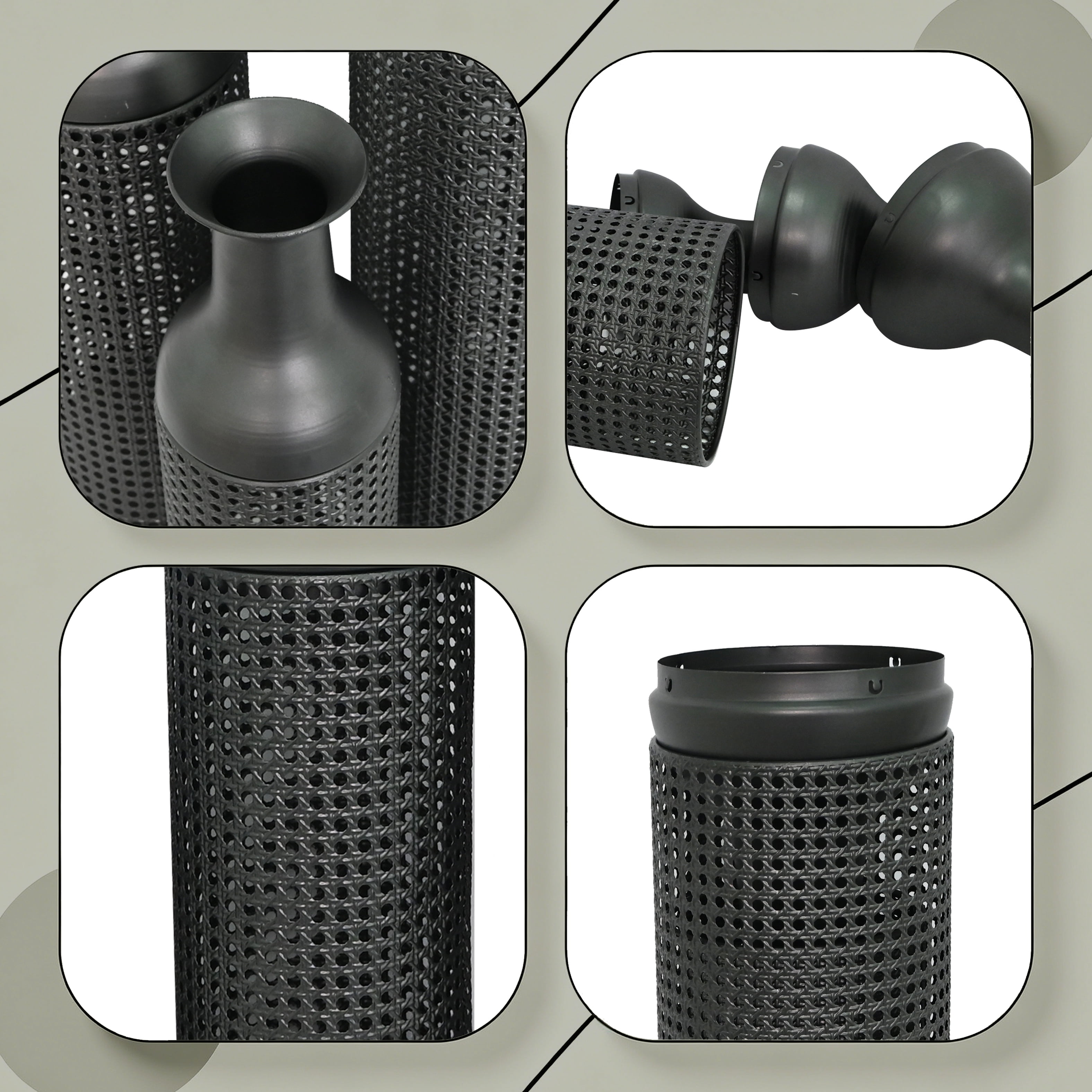 Metal Floor Vases Set of 3 with Leaf Pattern, Tall Decorative Vases and Home Decor Accents for Living Room Entryway, Black Grey and Beige