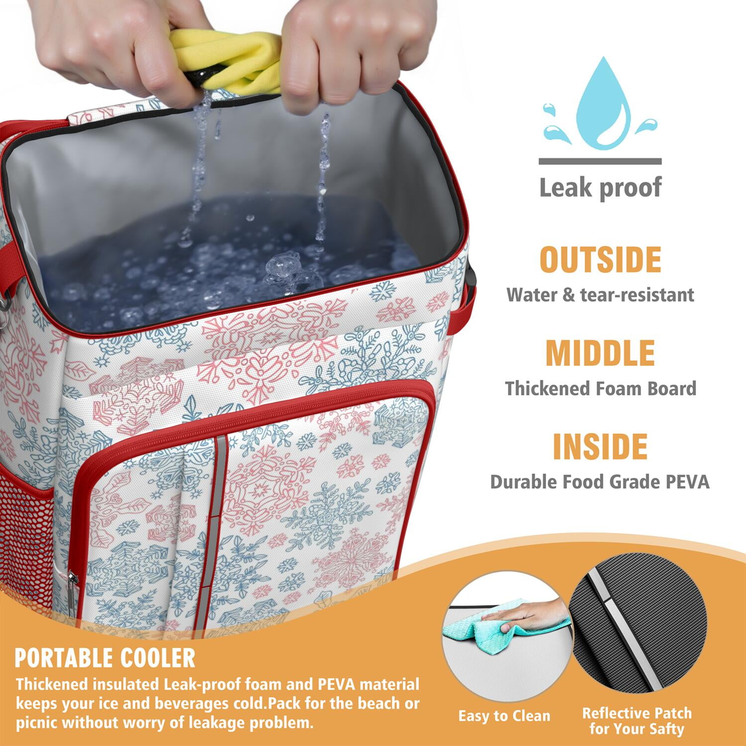 Travel Cooler Bag - Blue and Pink Christmas Snowflake Pattern Camping Beer Cooler Backpack with Bottle Opener- Waterproof Insulated Picnic Backpacks - Cooler Bag for Beach