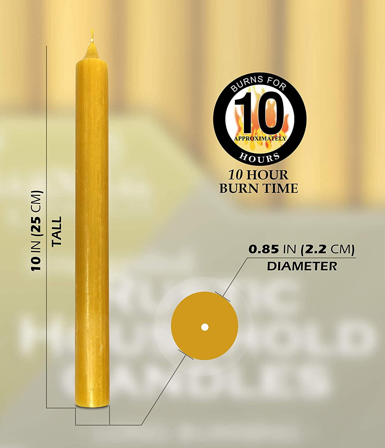 Hyoola 10" Rustic Mustard Yellow Dripless Dinner Candles Unscented Paraffin Wax with Cotton Wicks, 12-Pack