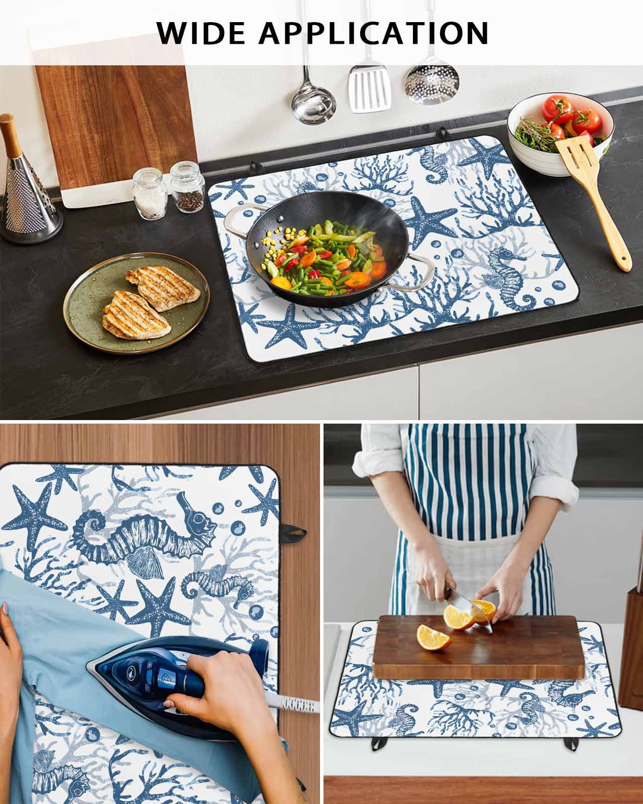 nqOlkjepod Large Induction Cooktop Protector Mat 24"x21", Coastal Blue Stove Top Covers for Electric Stove, Ocean Seahorse Starfish Coral Sea Stove Burner Cover Mats, Glass Top Stove Cover