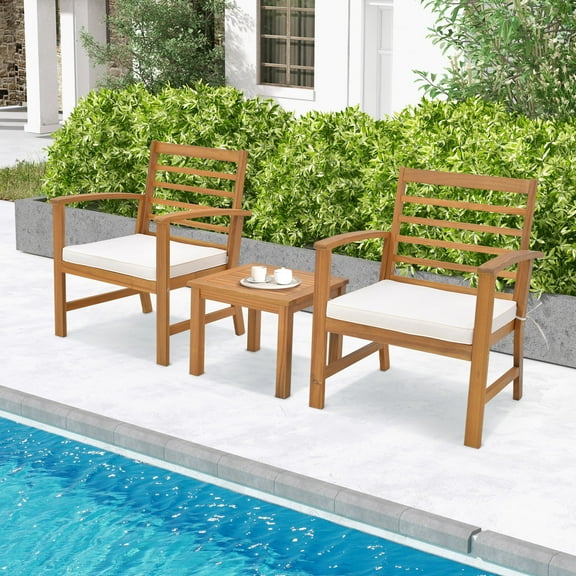 Gymax 3PCS Furniture Set Acacia Wood Conversation Set w/ Soft Seat Cushions Outdoor White