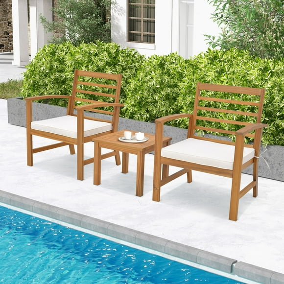 Gymax Ensemble de Meubles 3 Pcs en Bois d'Acacia Ensemble de Conversation avec Coussins de Siège Doux Extérieur Blanc