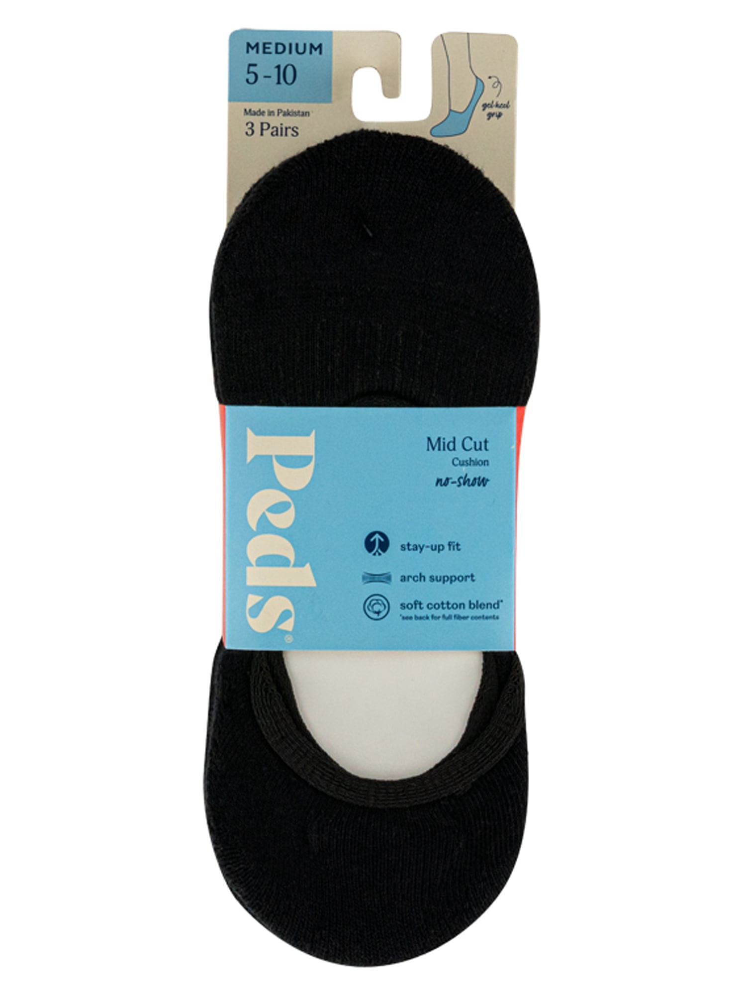 PEDS Women's Cushion Mid Cut Liner No Show Socks Black, 3 Pairs, Sizes 5-10