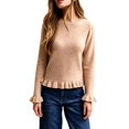 thumbnail image 2 of Women'S Solid Crew Neck Ruffle Hem Long Sleeve Knit Sweater Khaki XL, 2 of 8