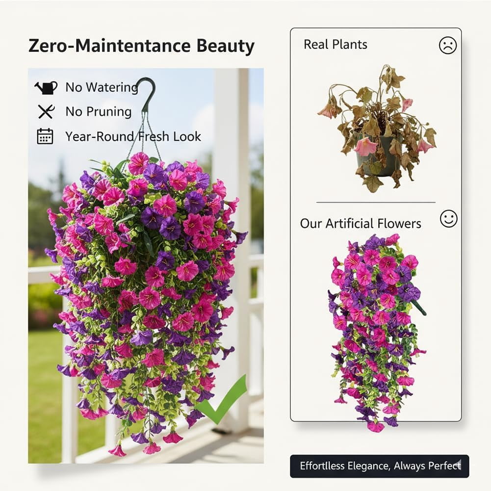 UV Resistant Hanging Artificial Morning Glory Vine, Spring Artificial Flowers for Decoration, Hanging Flowers Silk Petunia, Realistic Faux Flower Plants for Home Porch Patio Garden