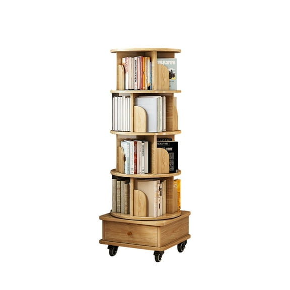 5-Tier Rotating Bookshelf with 360° Swivel Design and Wheels, Round Spinning Book Display Organizer for Living Room, Bedroom, and Office, Space-Saving Storage Tower (Wood Color)