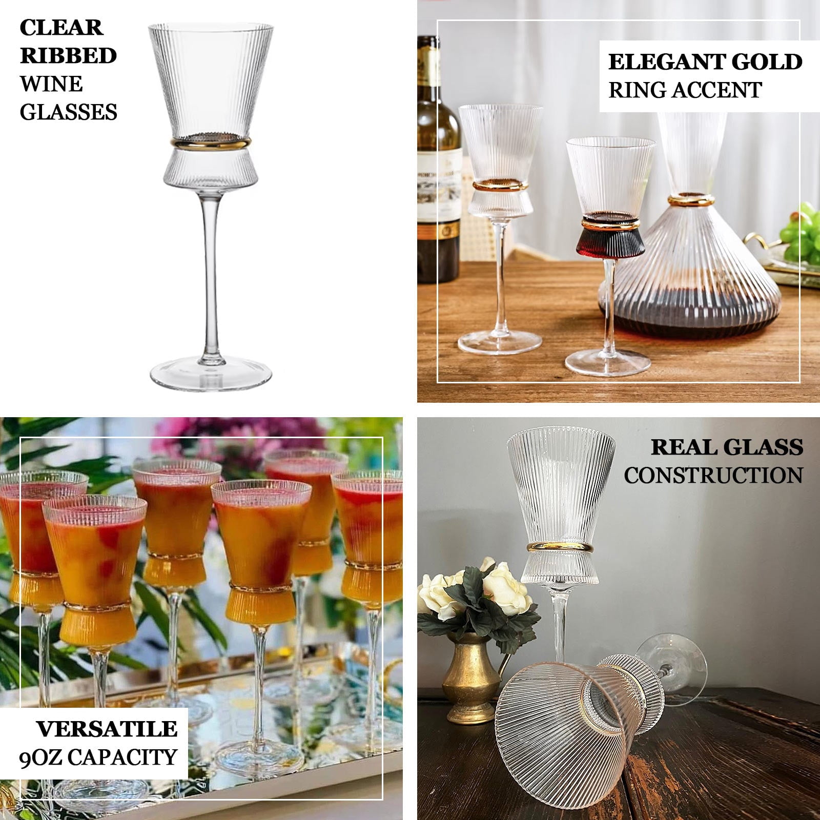 Efavormart 6-Pack Wine Glasses – 9oz Real Glass, Clear Ribbed Design with Gold Ring Accent, Elegant Glassware for Celebrations – 9" Tall
