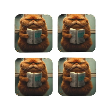 

Vsdgher Grumpy Cat Reading Book Leather Coasters for Drinks Durable Drink Coasters 4 Set for Tabletop Protection Luxurious Home Décor and Housewarming Gift-Square