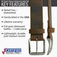 thumbnail image 5 of Mt. Pisgah Distressed Leather Belt with Titanium Buckle by Nickel Smart®-Lightweight and Durable Titanium Buckle, 1.5 Inch Wide Strap of Full Grain Distressed Leather, Hypoallergenic Buckle, USA Made, 5 of 7