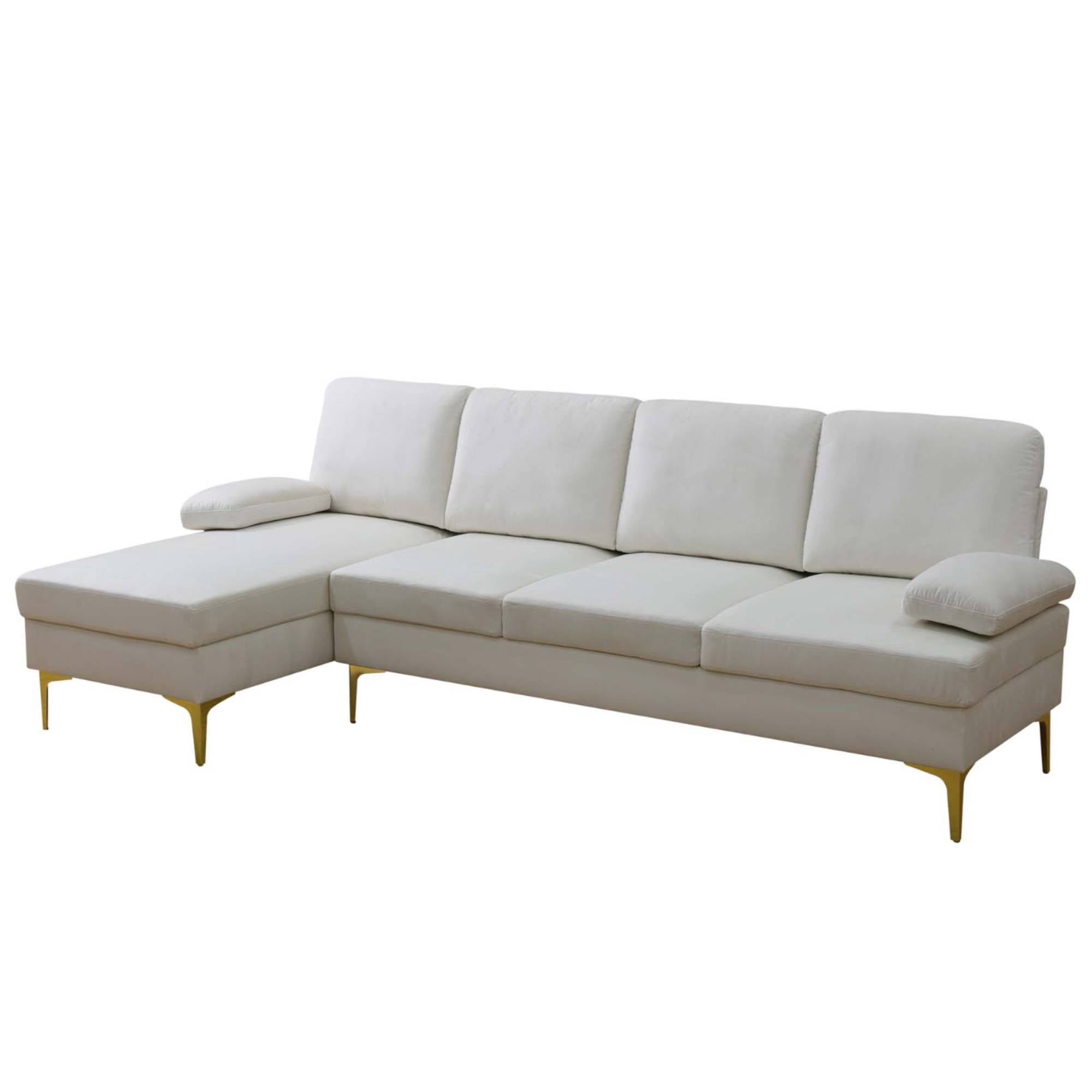 L Shaped Sectional Sofa Couch, 4 Seat Velvet Sofa Set with Left Chaise Lounge for Living Room, Off-White