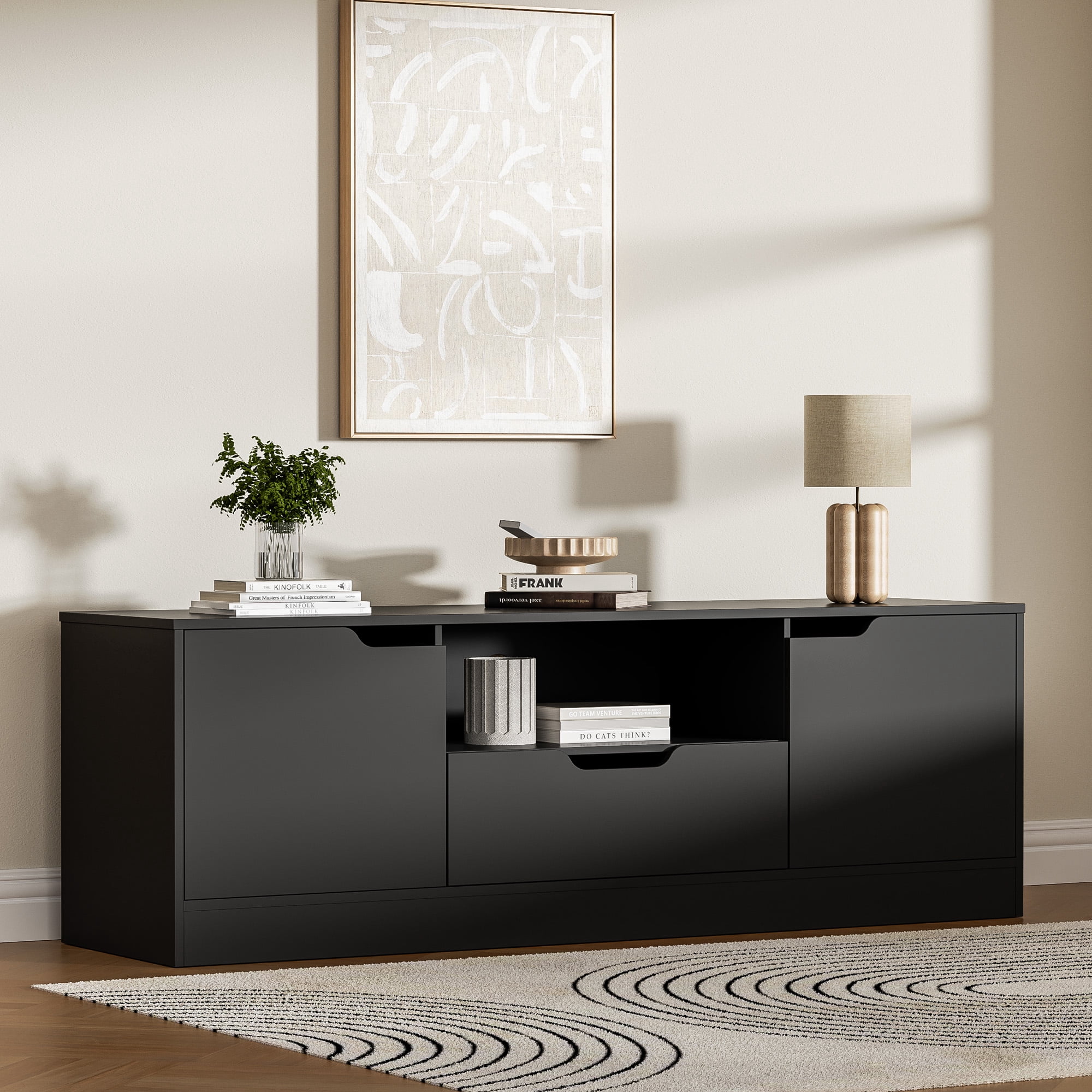 Modern TV Stand for 55/60/65 Inch TV, Media TV Console Table with 2 Doors & Drawer, Entertainment Center with Storage Cabinet for Living Room, Bedroom, Black