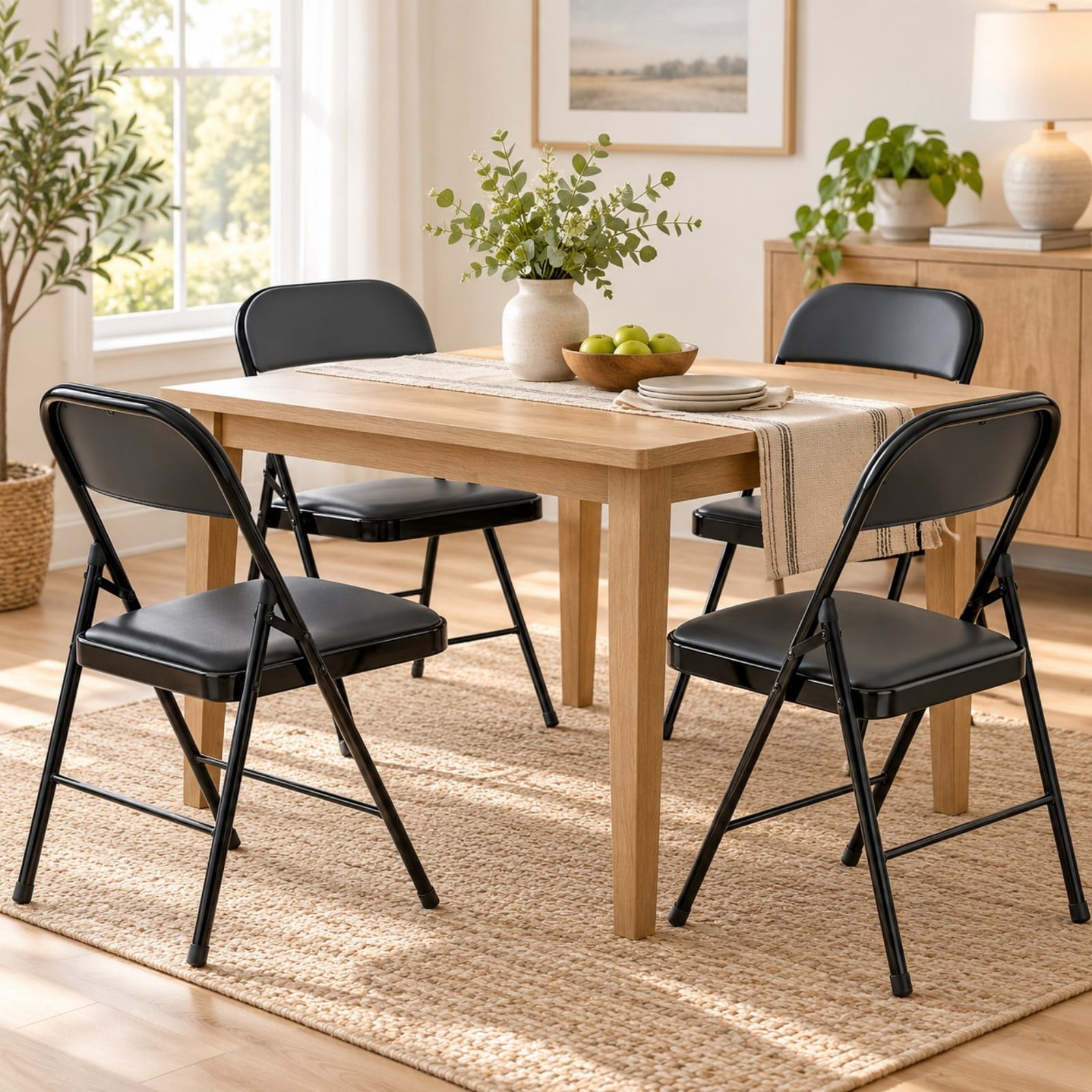 Telyra 4 Pack Folding Chairs Leather Padded Seat and Backrest Foldable Metal Chairs for Indoor Outdoor Use,Black
