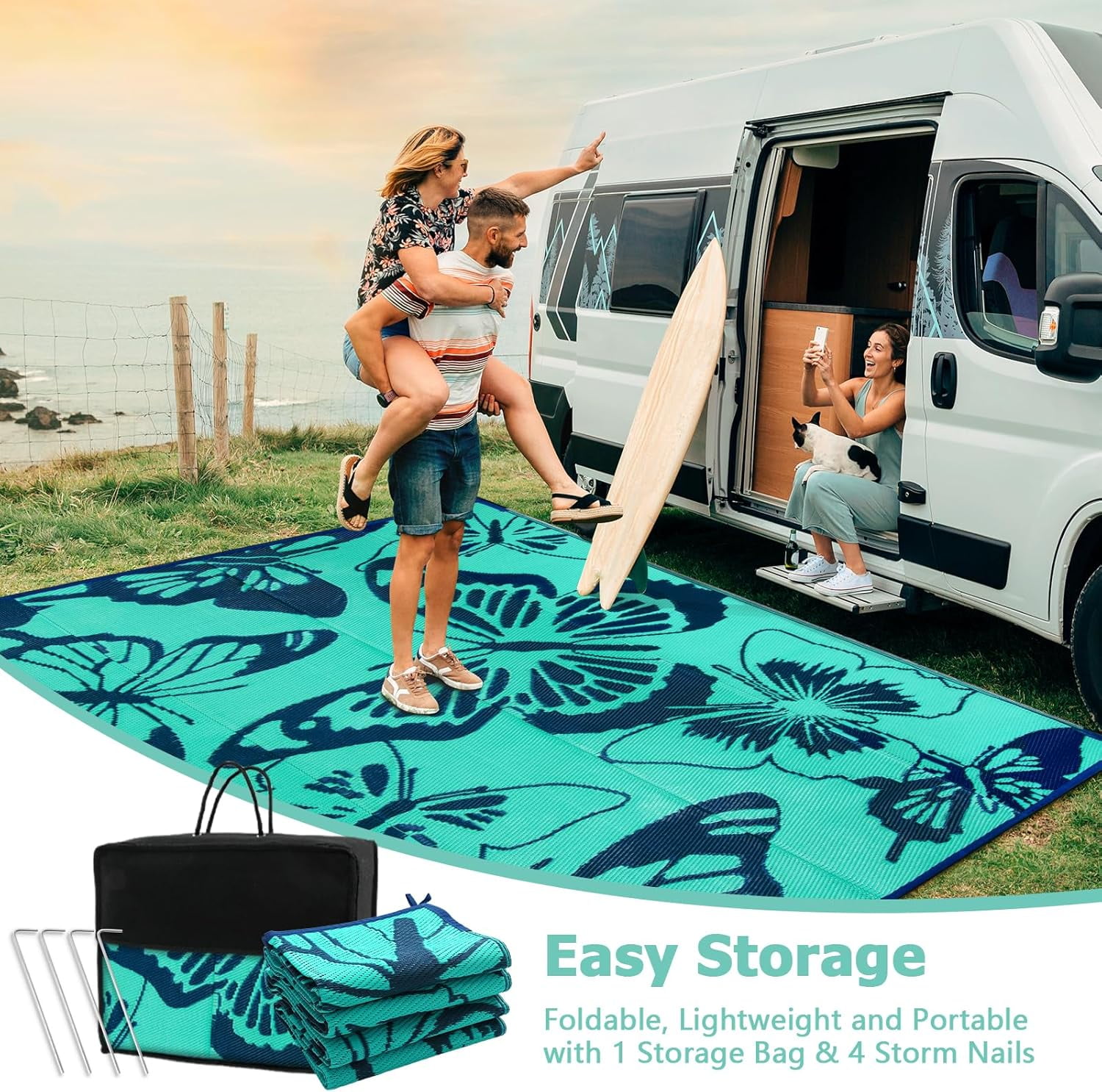 Wonnitar 6x9 Butterfly Outdoor Rug Waterproof, Washable Rugs for Outside, Plastic Foldable Teal Indoor Outdoor Carpet for Patio Balcony