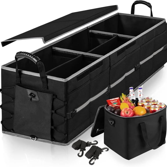 Collapsible Trunk Organizer for Car with Insulated Leak proof Cooler Bag, 3 Compartments SUV Cargo Organizer Removable Dividers, 5 in1 Car Storage Organizer with Foldable Lid,2 Tie-Down Straps(Black)