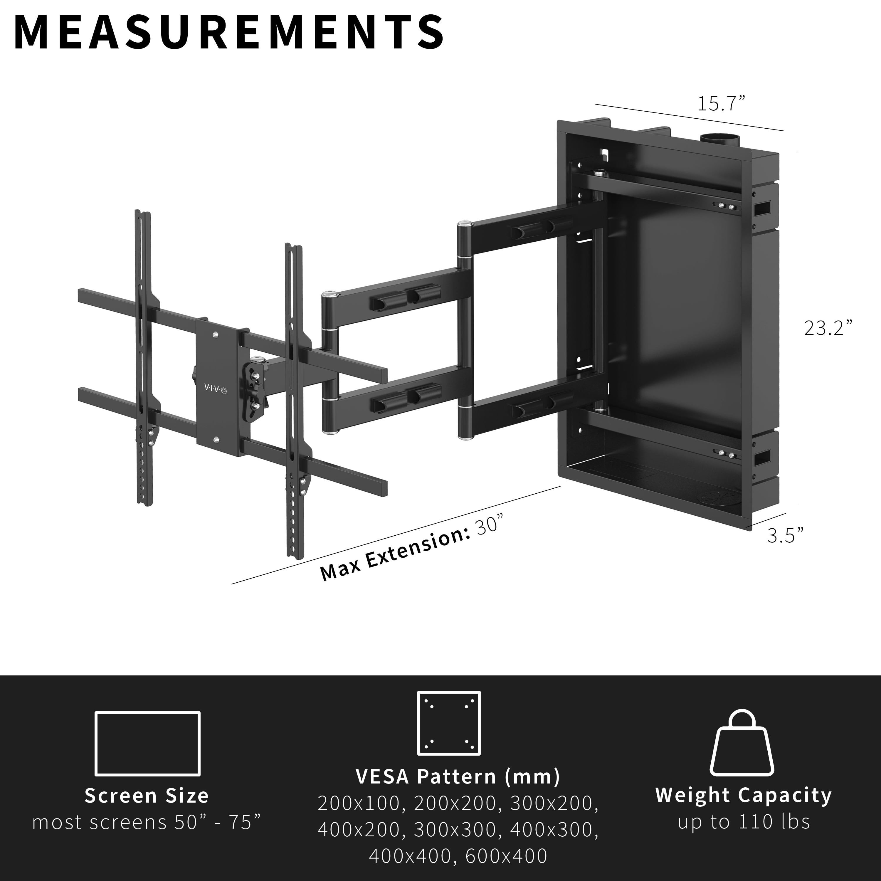 VIVO Recessed In-Wall TV Mount for up to 75" LED LCD Screens, Ultra Low Profile