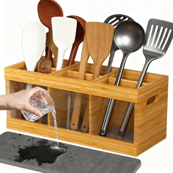 Kitchen Cooking Utensil Organizer, 12 in Bamboo Utensil Holder for Countertop with 6 Compartments & Diatomaceous Earth Drying Mat, Wood Silverware Caddy for Party Home, Natural