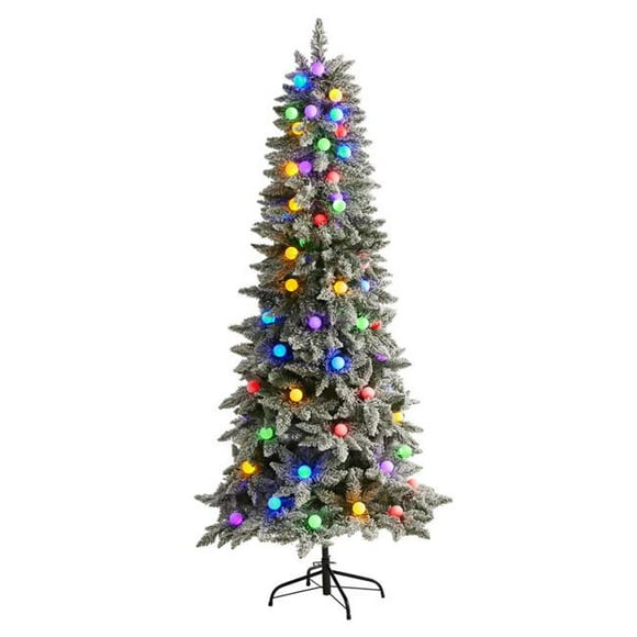 6.5 ft. Flocked British Columbia Mountain Fir Artificial Christmas Tree in Decorative Planter with 75 Multi Color Globe Bulbs & 679 Bendable Branches