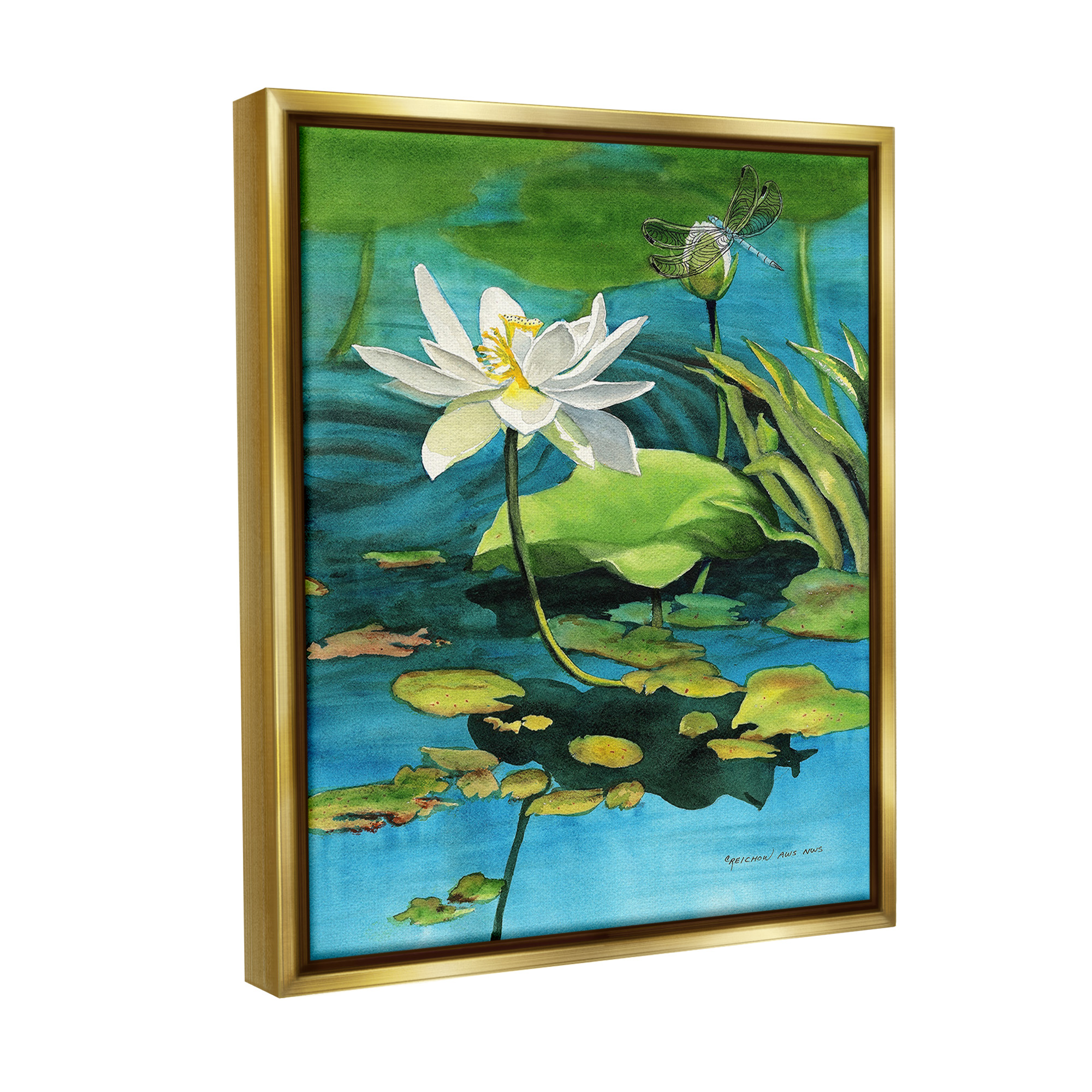 Stupell Industries Pond Lotus & Dragonfly Botanical & Floral Painting Gold Floater Framed Canvas Art Print Wall Art, 25 x 31
