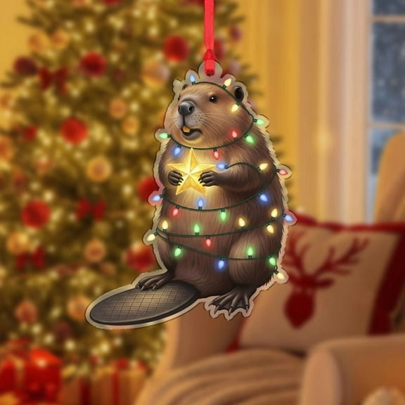 ViciArt Beaver Christmas Ornament – Cute Woodland Animal Holiday Tree Decor, Wrapped in Lights with Star