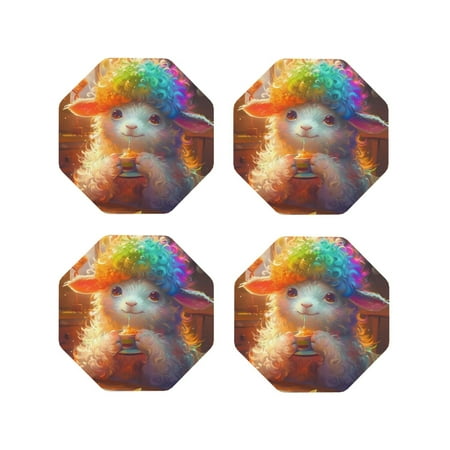 

Tideii Rainbow Lamb Breakfast for Leather Coasters 4 Pieces Anti-fouling and Anti-scalding Decorative Coasters Suitable for Restaurants Kitchens Coffee Shops-Octagon