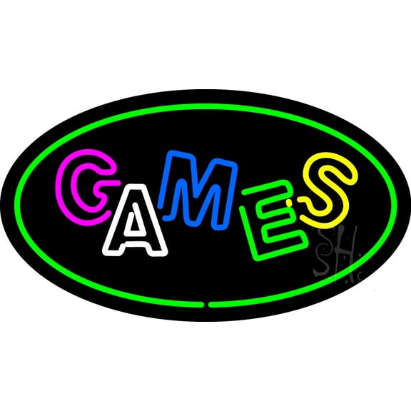 Games Oval Green LED Neon Sign 20 x 37 - inches, Black Square Cut Acrylic Backing, with Dimmer - Bright and Premium built indoor LED Neon Sign for wall décor, arcarde, and storefront.