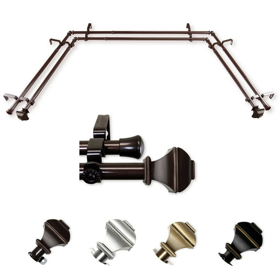 Joachim 13/16" Double Bay Window curtain rod Adjustable 20"-36", 38"-72" - Cocoa,(ABay-82-7D)