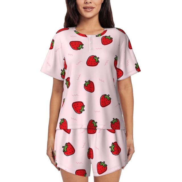 Fotbe Strawberry Conjunto de Pijama Estampado para Mujer, 2 Piezas, Ropa de Dormir con Camiseta de Manga Corta y Shorts Suaves-X-Large