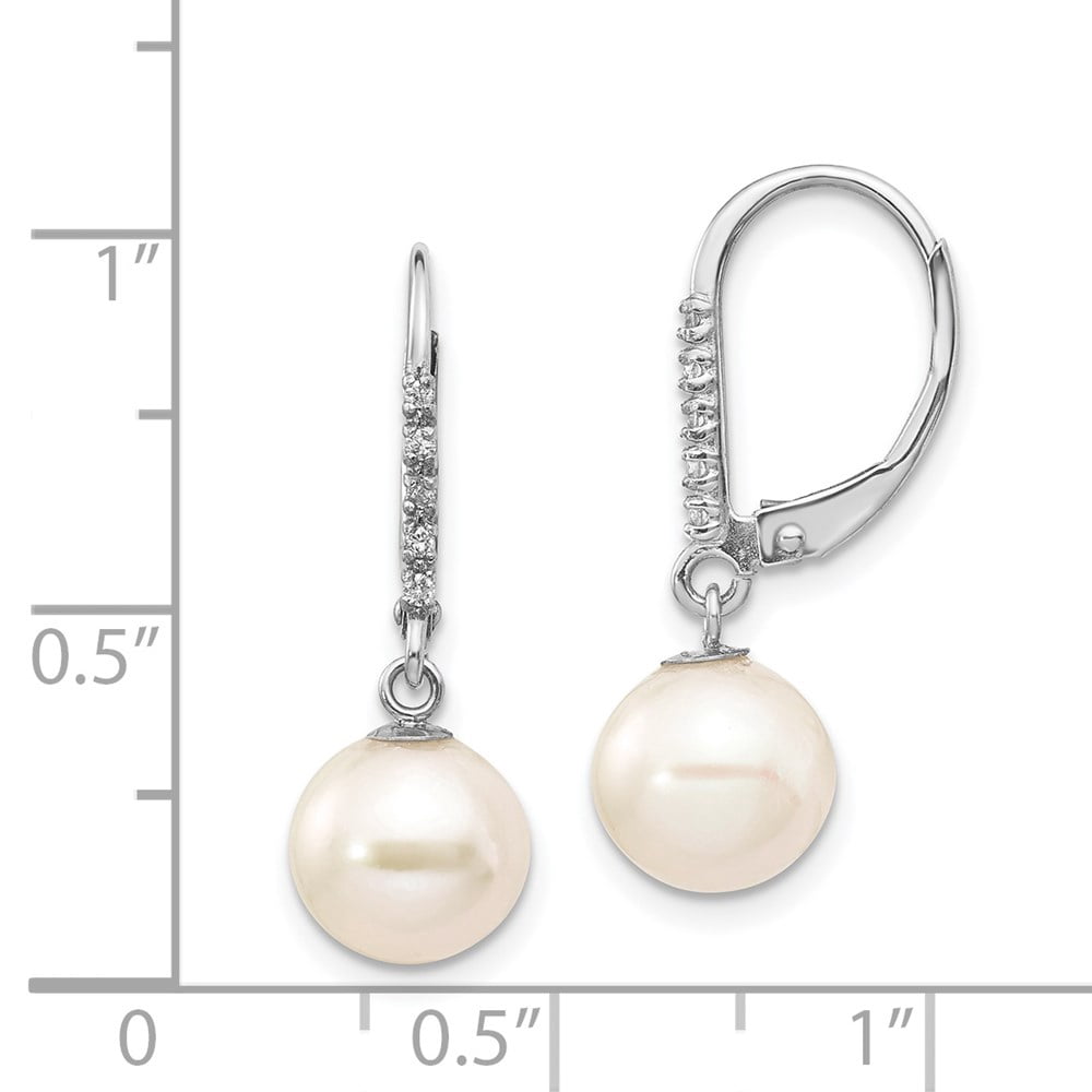 Primal Gold 14 Karat White Gold 8-9mm Round Freshwater Cultured Pearl .05ct Diamond Leverback Earrings