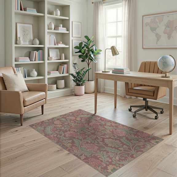 ODIKA 4'x6' Burgundy And Sage Green Vintage Floral Washable Area Rug Intricate Victorian Botanical Pattern Design Pet Friendly, Non-Shedding for Bedroom, Reading Nook