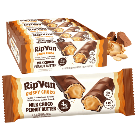 Rip Van Crispy Choco Peanut Butter Candy Bars - Low Sugar Fudge and Peanut Butter Cream Filled Snack - 12 Pack