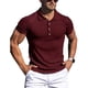thumbnail image 1 of Camisas musculosas de manga corta para hombre, cuello vuelto, color puro, camisa de entrenamiento ajustada a rayas, rojo vino L, 1 of 2