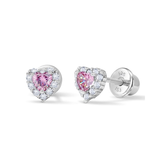925 Sterling Silver 5mm Pink & Clear CZ Heart Toddler Girls Screw Back Earrings