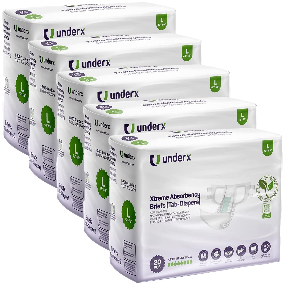 Underx Tabbed Disposable Briefs For Adult Overnight Comfort Xtreme Absorbency Unisex 5158