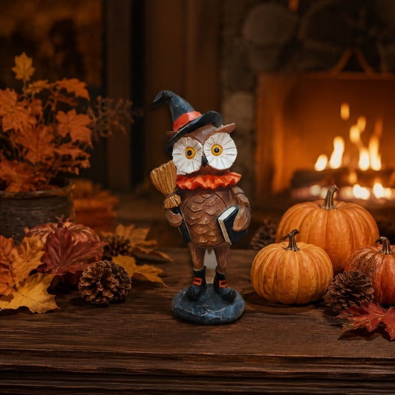 Pack Halloween Resin Figurines Pumpkin Man Owl Statues with Witch Hats Spooky Fall Tabletop Decor Ornaments For Halloween Party Mantel Home Decor