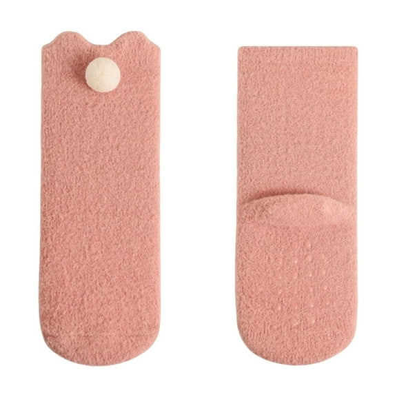 Xfvqtps Kids Baby Infant Toddler Newborn Cute Socks with Grips Pompom Solid Color Mid Tube Thickened Comfortable Elastic Soft Warm Winter Cotton Socks for 0-3 Years Pink