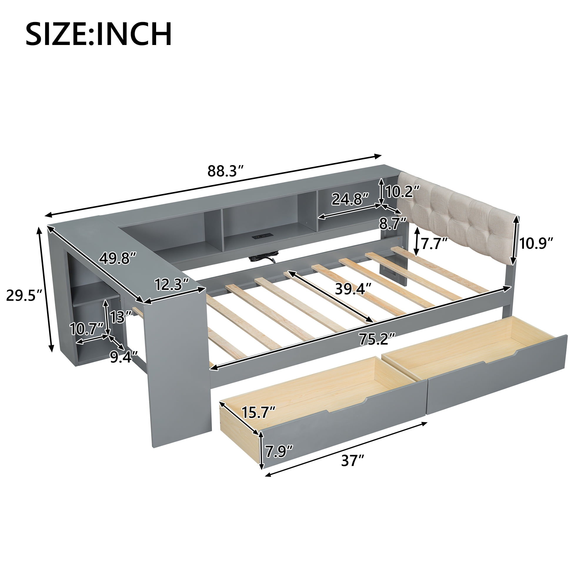 Euroco Wood Twin Size Platform Bed with Desk and Shelves, Drawers and USB Charging for Kids, Gray