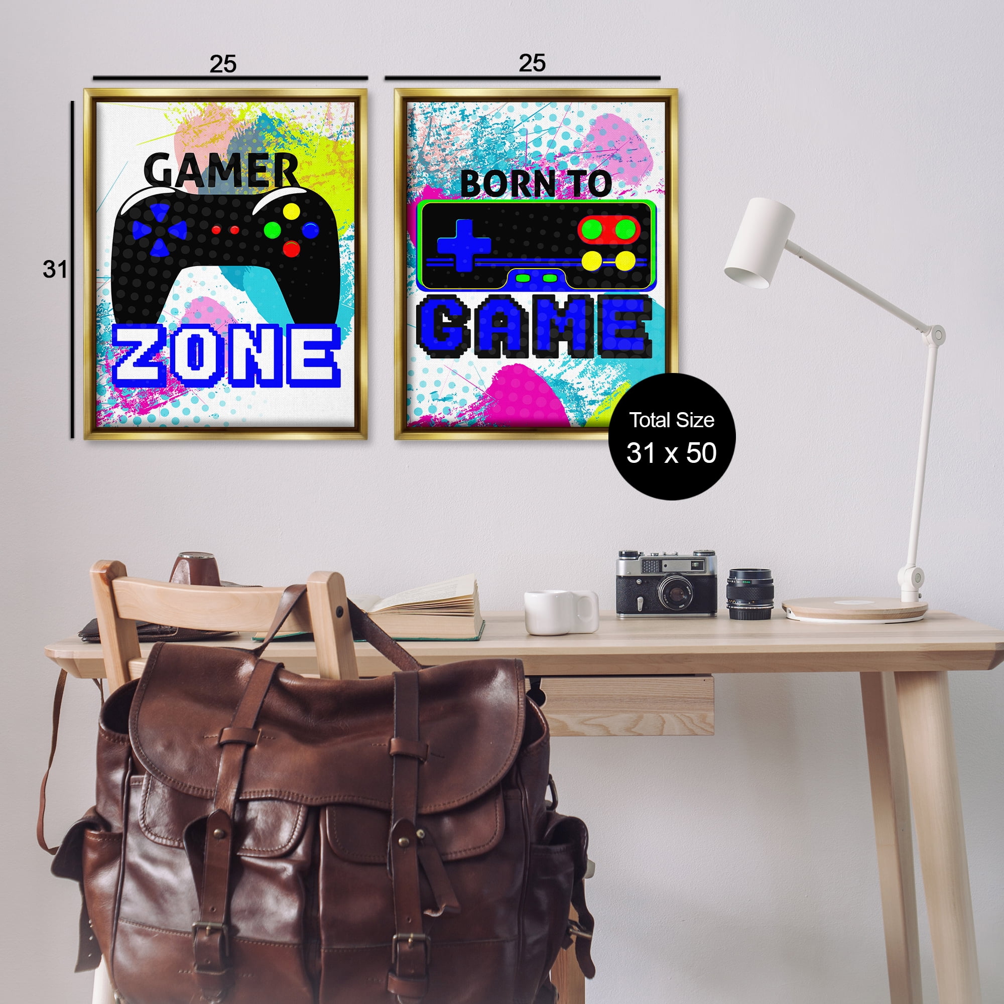 Stupell Industries Gamer Zone Splash Remote Entertainment Painting Gold Floater Framed Canvas Art Print Wall Art, 31 x 25, Set of 2