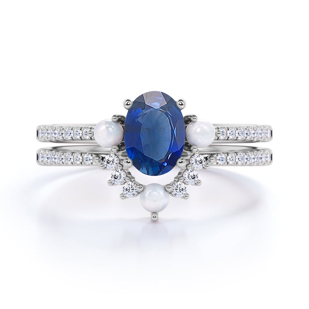 JeenMata 1.5 ct Oval Real Blue Sapphire and Pearl Ring Blue