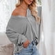 thumbnail image 3 of Mujer Camisa Suelta De Manga Larga Cuello En V Hombro Caída Color Puro Simple Casual Moda Jersey Top para Otoño Invierno Gris XL, 3 of 6