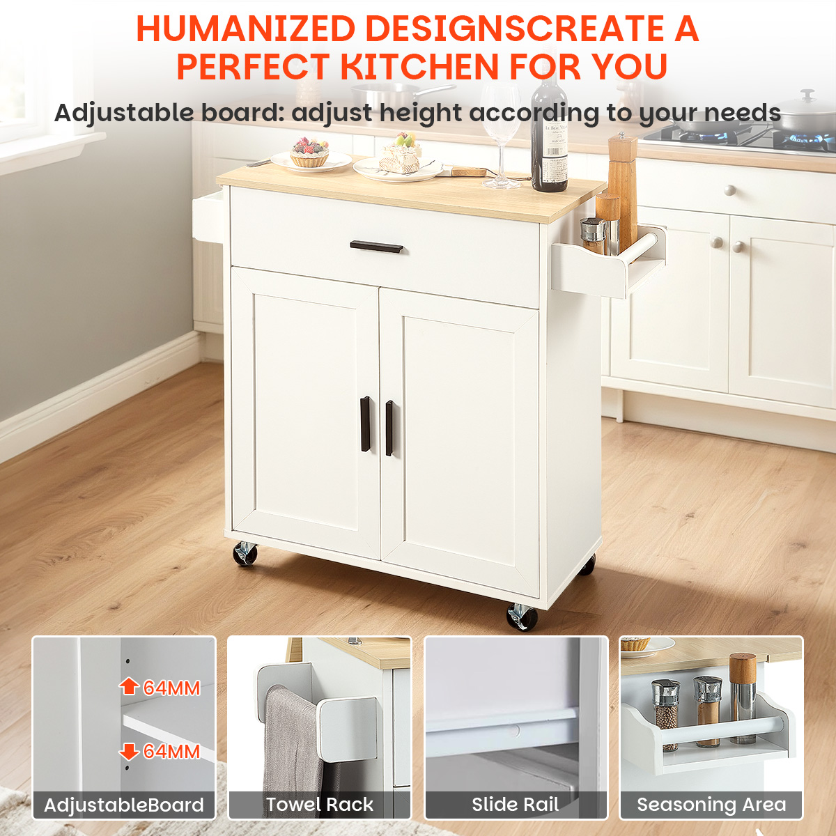 38-inch Rolling Kitchen Island Cart with Drop Leaf, Mobile Kitchen Center with Storage Cabinet, Drawer, Spice Rack and Towel Holder, White