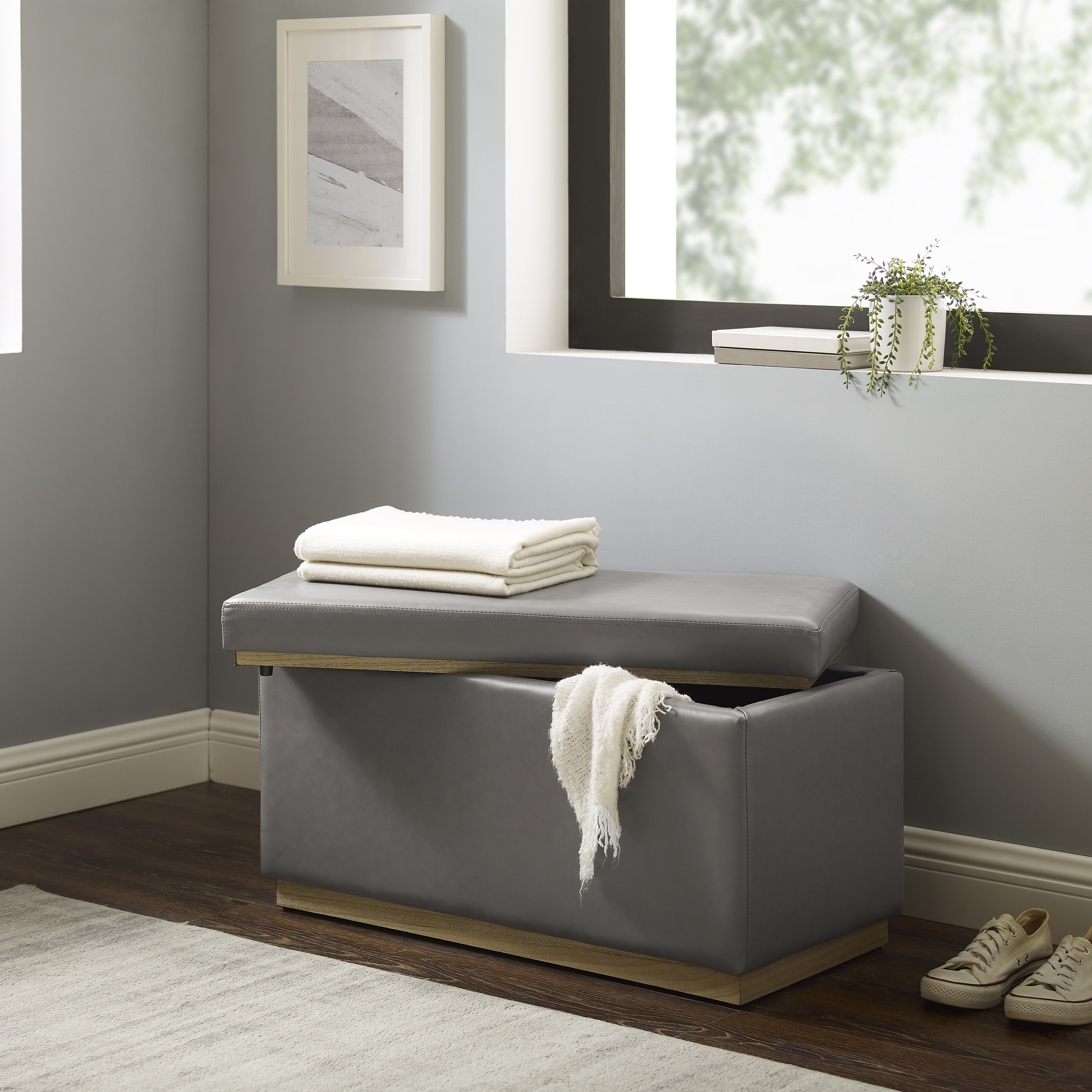 Linon Elta Rectangle Storage Ottoman, Gray Faux Leather