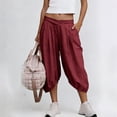 thumbnail image 2 of Womens Baggy Capris Pants Cotton Linen Mid Cross Waist Harem Pants Wide Leg Cropped Trousers with Pockets, 2 of 7