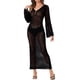 thumbnail image 2 of INSPIRAR CHIC Vestido de baño de manga larga con escote en V y huecos, cubre baño de ganchillo maxi negro para mujer, 2 of 6